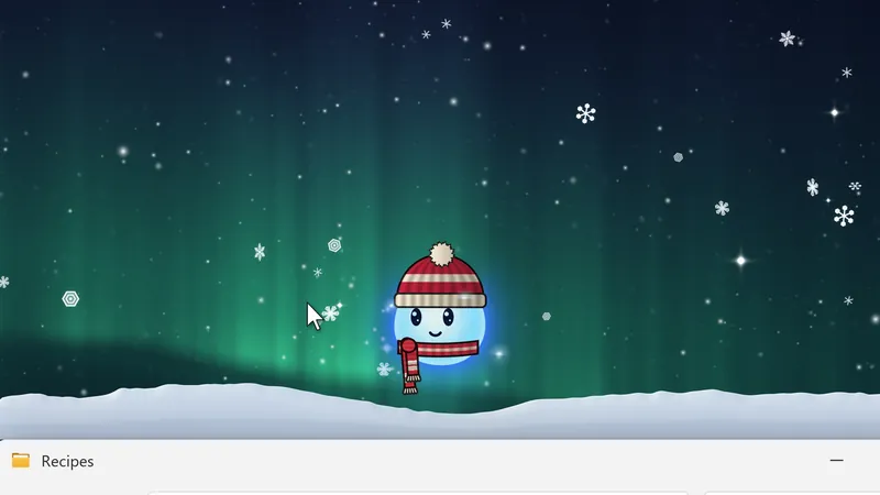 Snow piled on top of a window, and Wisp in a winter hat sitting on it in front of an aurora