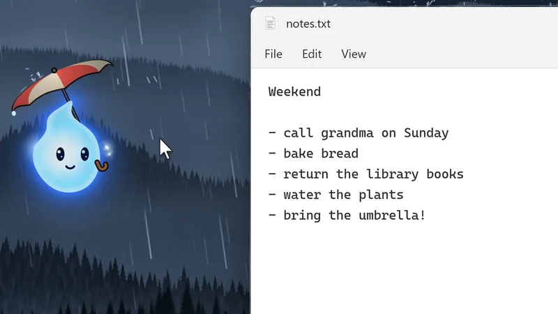 Wisp holding a little umbrella in the rain, beside a note that says bring the umbrella